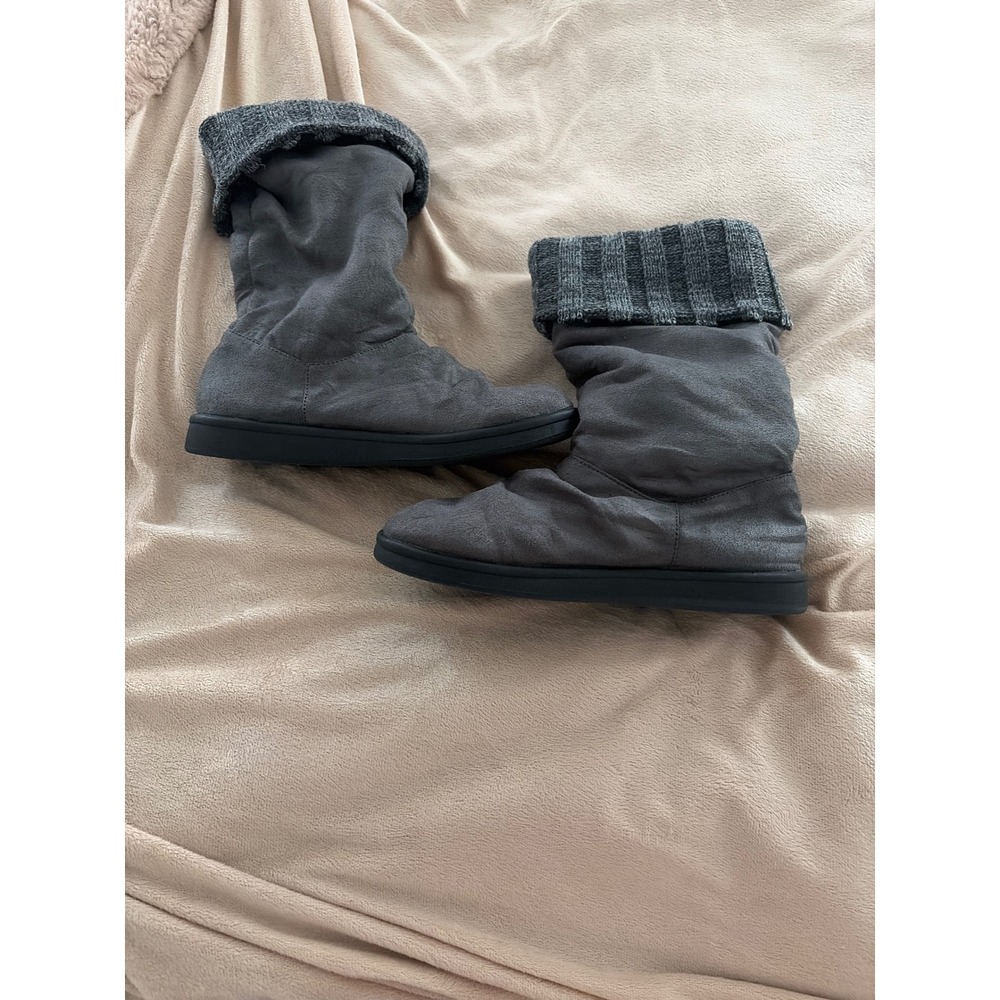 Roxy Womens Grey Faux Suede Mid Calf Boots Knit Sweater Cuff Heart Logo Zip Up